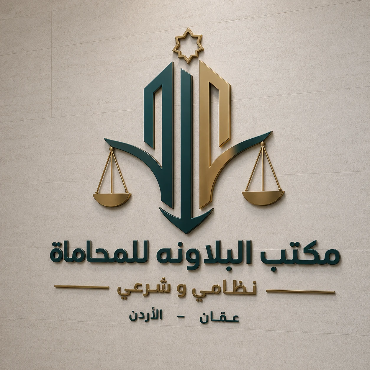 شعار مكتب البلاونه للمحاماة على جدار المكتب